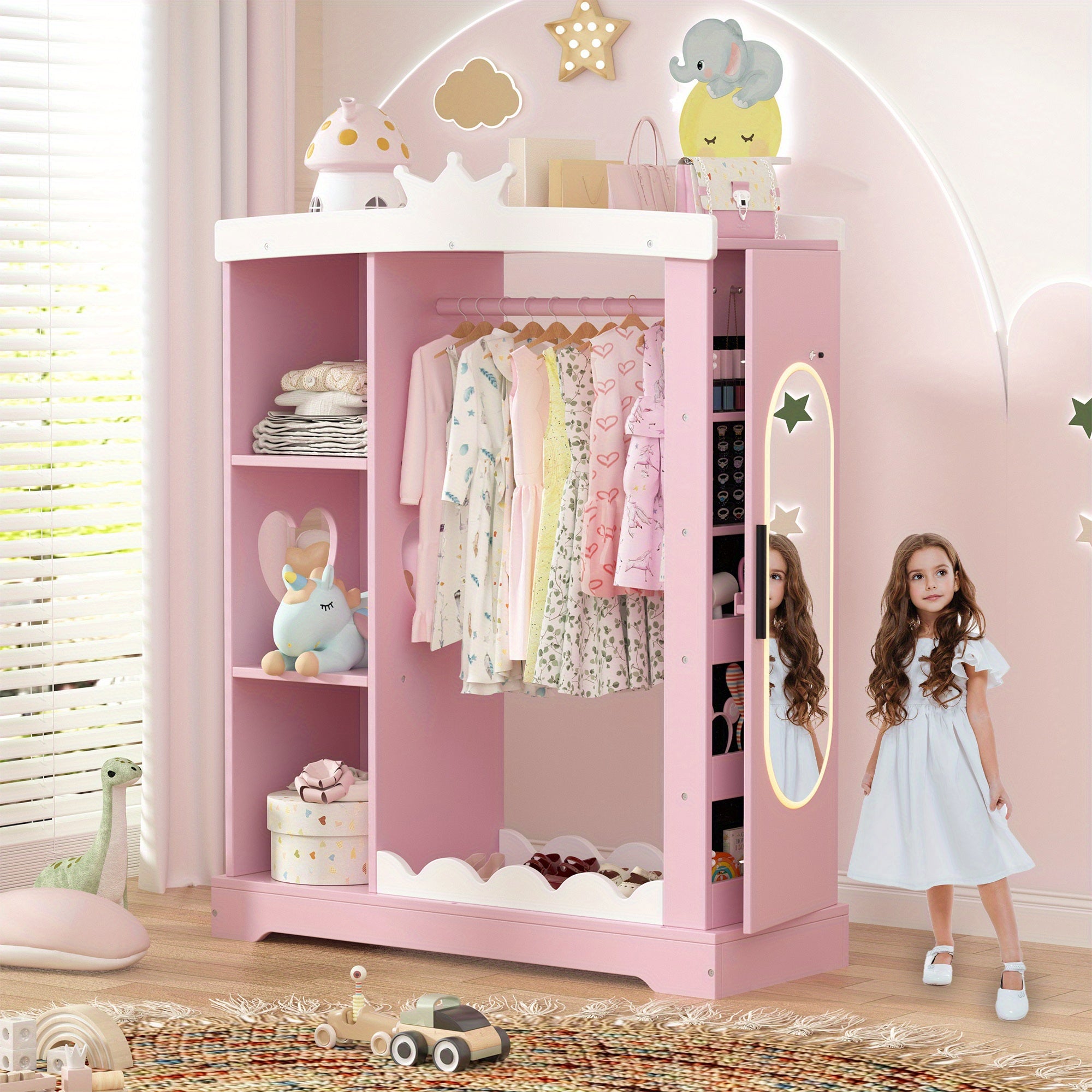 Kids Armoire with Jewelry Cabinet, Dress up Storage with Mirror and Shelves, Princess Dress Closet and Costumes Wardrobe Closet, Costume Organizer for Bedroom, Kids Room, Girls