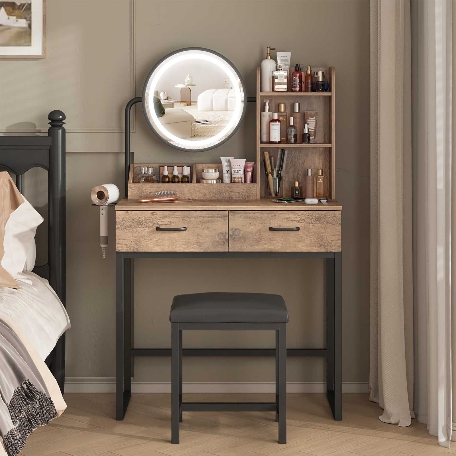 Vanity Desk Set With Mirror 2 Drawer Makeup Table & Velvet Stool | Vanity Desk Set With Oval Mirror, Small Space Bedroom Furniture