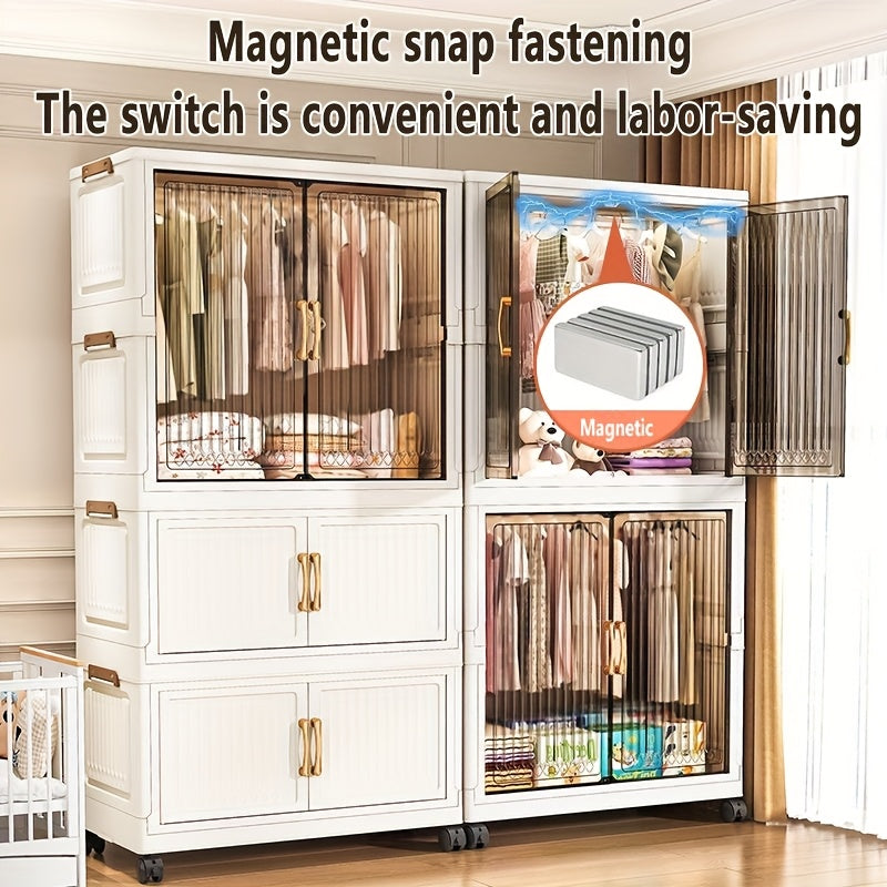 One Foldable Wardrobe with Wheels, Large Capacity Storage Cabinet, Multi-Layer Organizer Shelf, Easy Assembly Portable Closet for Home and Dormitory - Space-Saving Plastic Mobile Wardrobe, Portable Closets