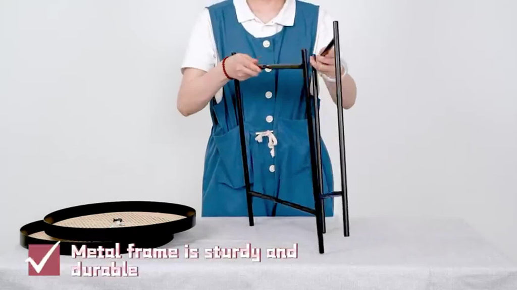 All Metal Side Table, 2 Tier Green End Table with Imitation Rattan Pattern on Removable Trays