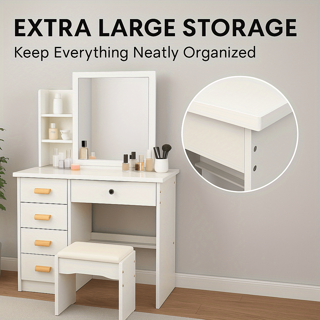 Modern White Makeup Dressing Table with Drawers & Organizer Storage Rack - Contemporary Bedroom Vanity Set, 27\