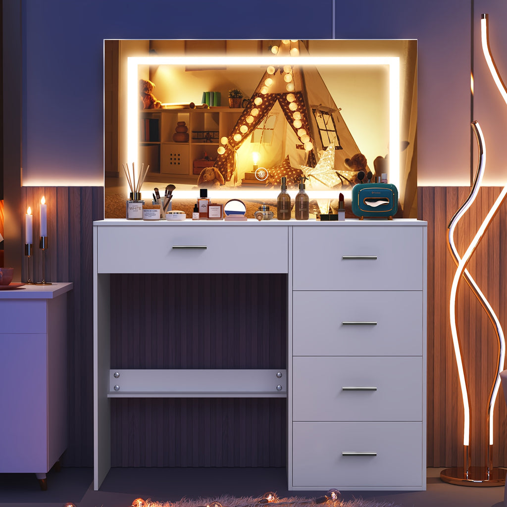 31.5inch White Vanity Table Makeup Dressing Desk with Large HD Lighted Mirror, 5 Drawers, Adjust Modes & Dimmable, Dressing Table with LED Mirror for Girls Bedroom Furniture