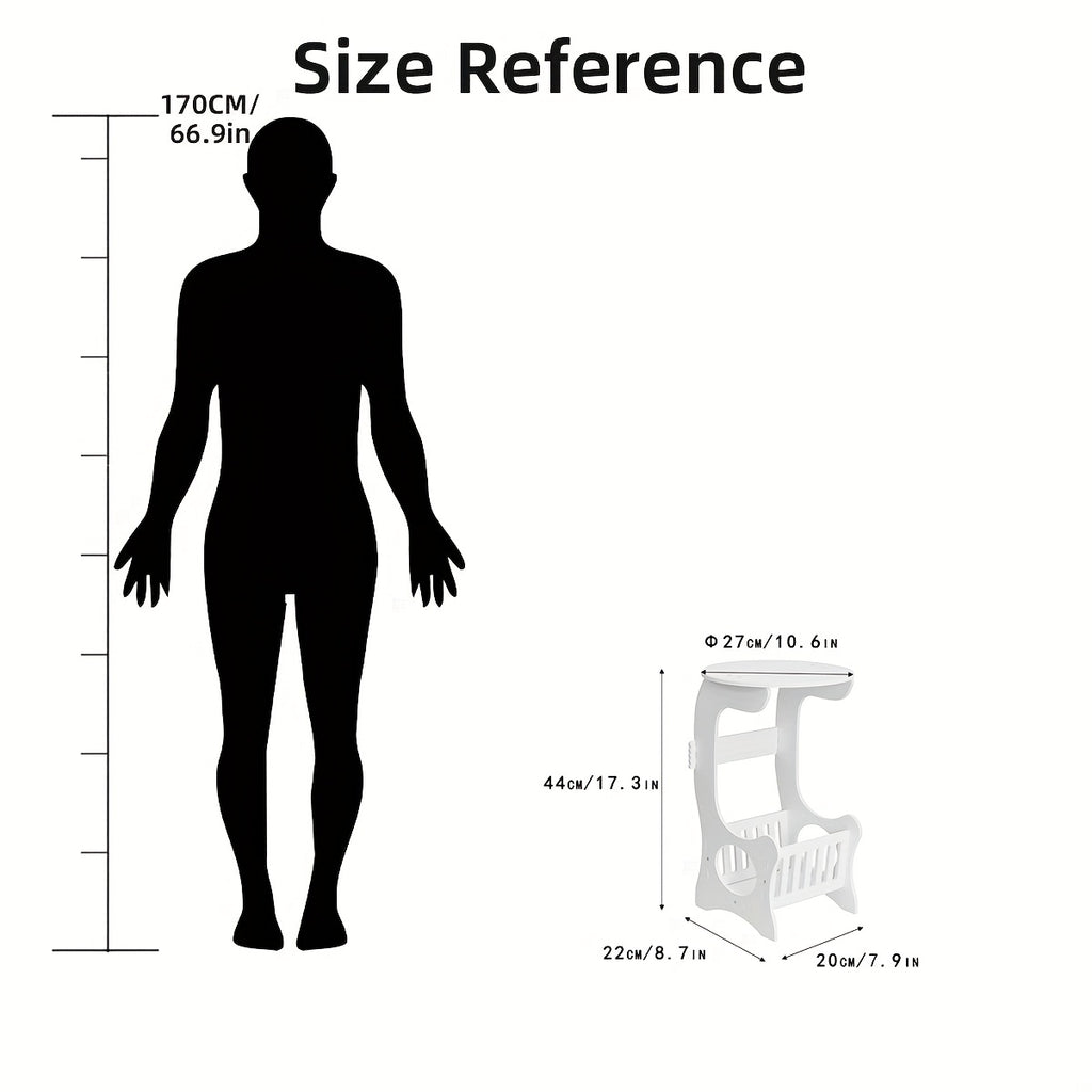 White Round Minimalist Bedside Table with Magazine Rack, Space-Saving Home Design