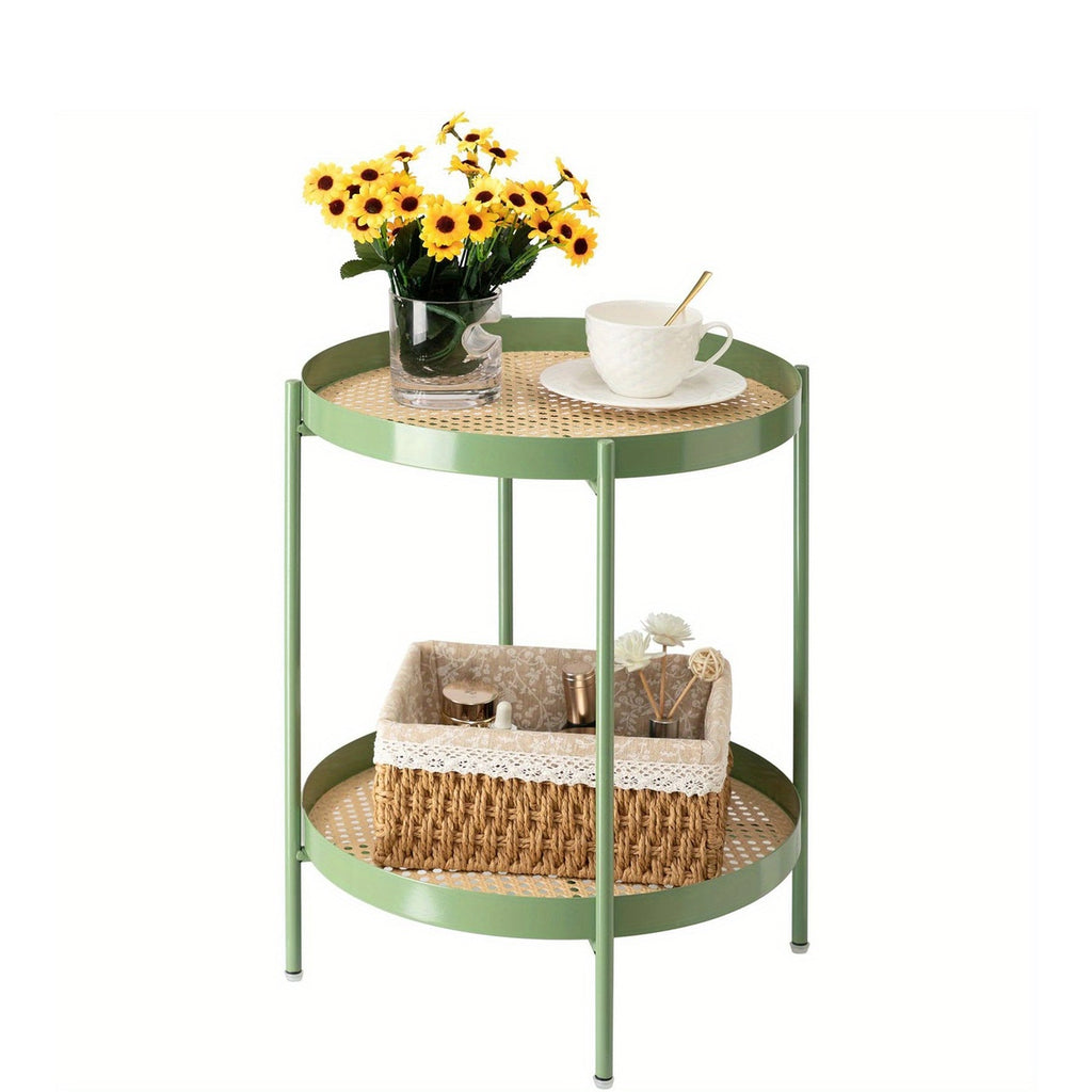 All Metal Side Table, 2 Tier Green End Table with Imitation Rattan Pattern on Removable Trays