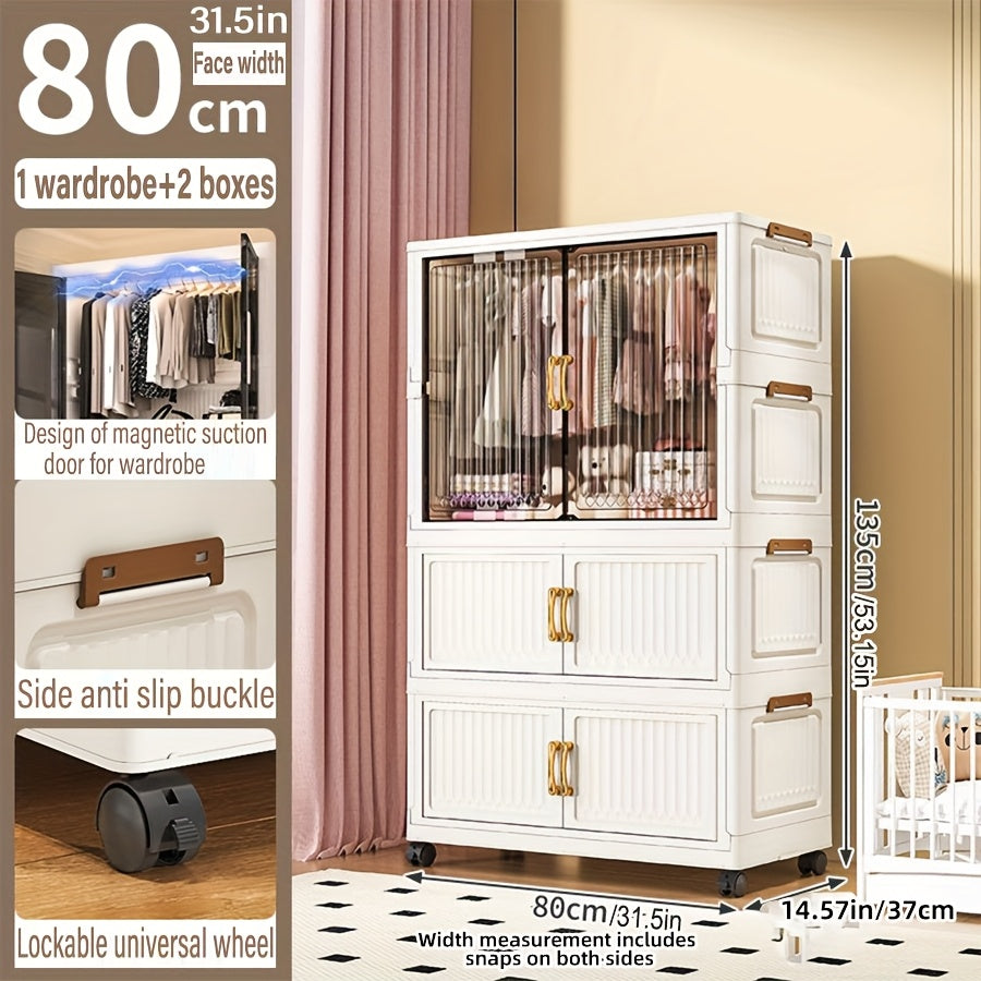 One Foldable Wardrobe with Wheels, Large Capacity Storage Cabinet, Multi-Layer Organizer Shelf, Easy Assembly Portable Closet for Home and Dormitory - Space-Saving Plastic Mobile Wardrobe, Portable Closets