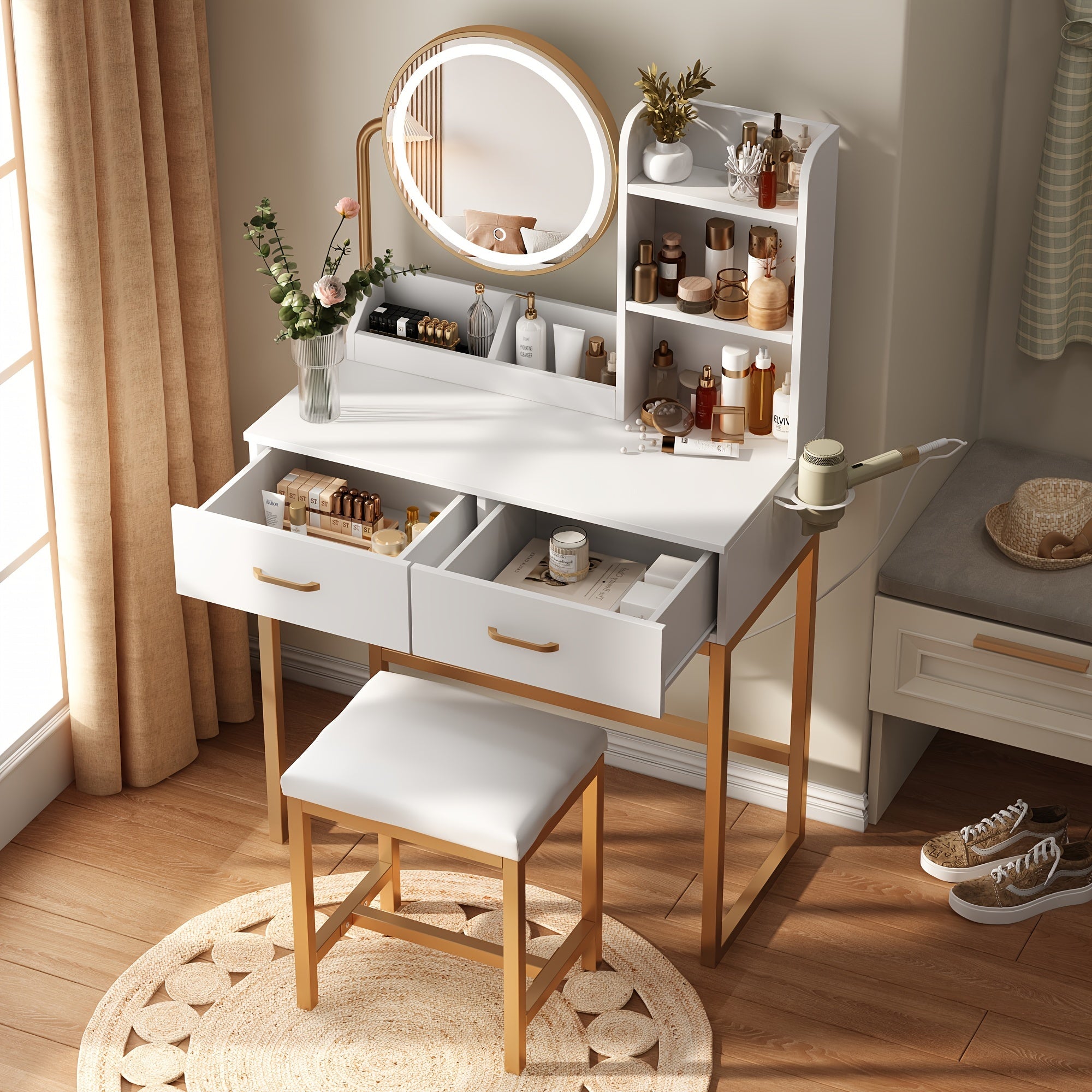 Vanity Desk with Mirror And Lights, Makeup Vanity Table Set with Storage Stool & Charging Station, Glass Tabletop And RGB Cabinets, Dressing Table with Jewellery Organizer Drawers for Bedroom