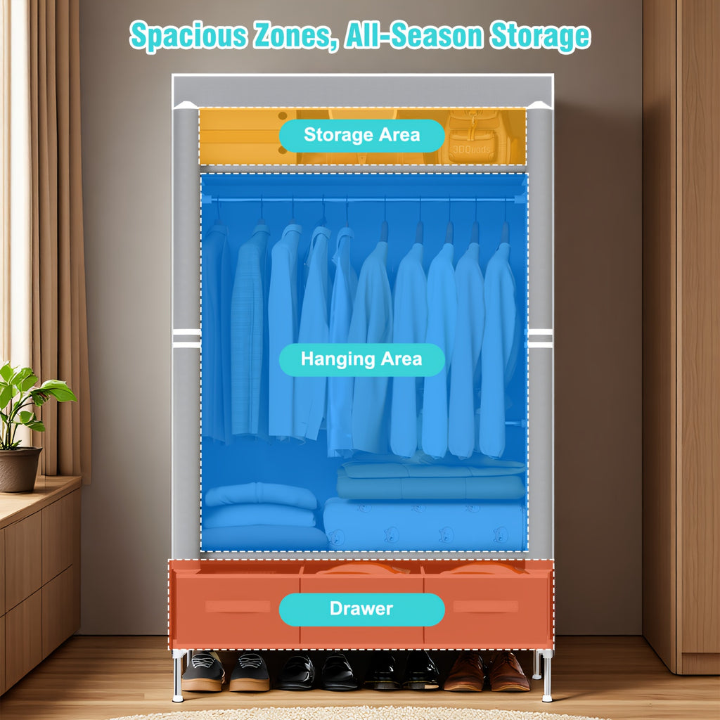 Portable Clothes Closet Rolling Door Wardrobe with Hanging Rack Non-Woven Fabric Storage Organizer with Three Drawer Boxes No-Tool Assembly-35. 4\