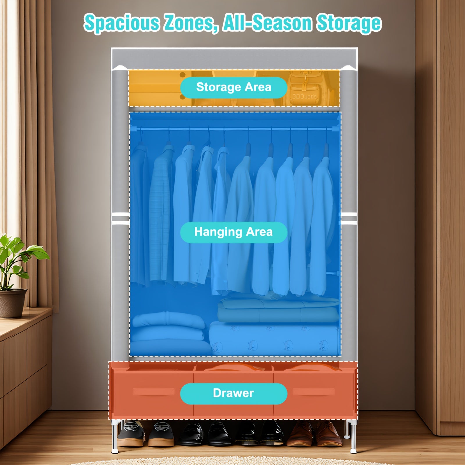 Portable Clothes Closet Rolling Door Wardrobe with Hanging Rack Non-Woven Fabric Storage Organizer with Three Drawer Boxes No-Tool Assembly-35. 4\