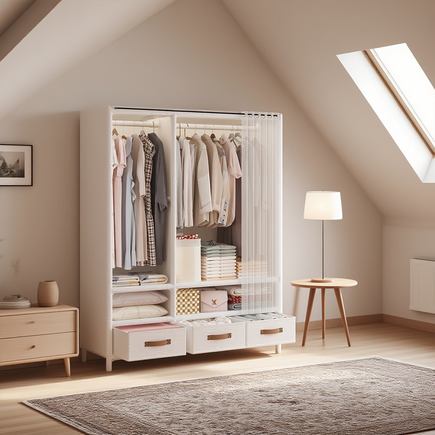 1pc 65.2in*43.3in*17.7in Portable Wardrobe, Minimalist Wardrobe, Wardrobe with Drawers, Foldable Portable Wardrobe with Hanging Rod, 19mm Thickened Steel Pipe, Stable, Multi-Row Simple Wardrobe, Portabke Closet White