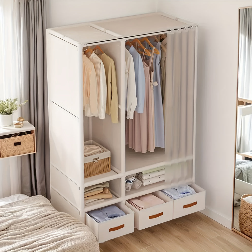 1pc 65.2in*43.3in*17.7in Portable Wardrobe, Minimalist Wardrobe, Wardrobe with Drawers, Foldable Portable Wardrobe with Hanging Rod, 19mm Thickened Steel Pipe, Stable, Multi-Row Simple Wardrobe, Portabke Closet White