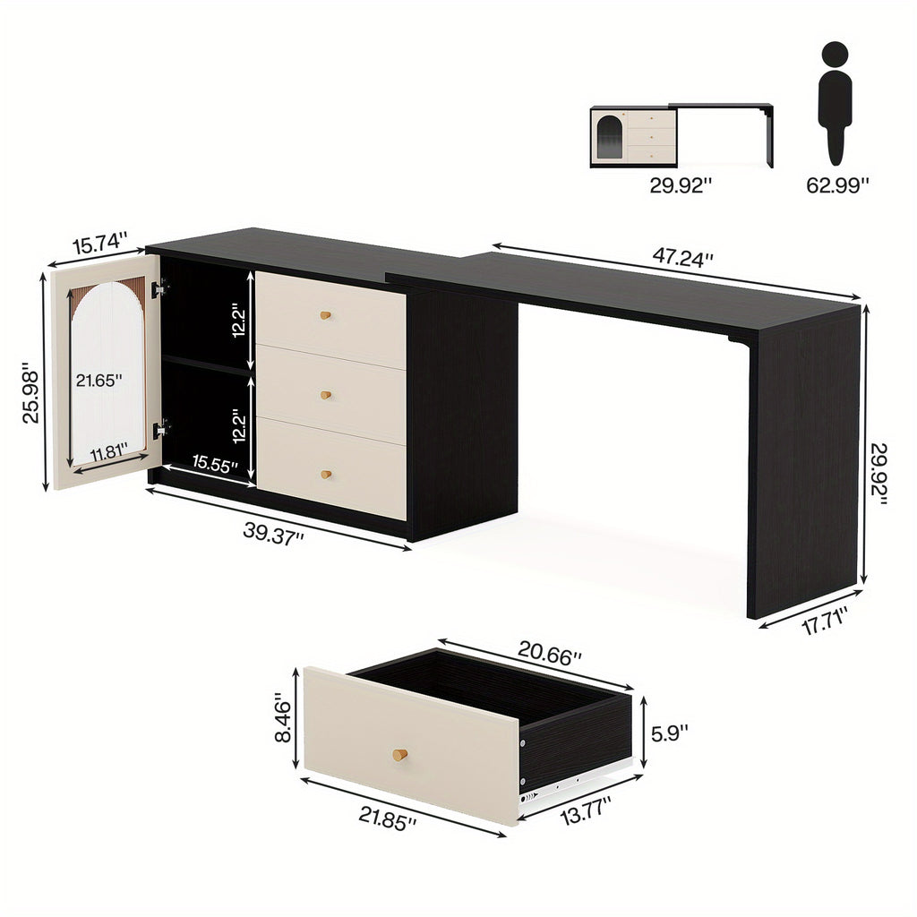 BYBLIGHT Modern Makeup Vanity with Retractable Large Desk, 3 Drawers & Cabinet, 27\
