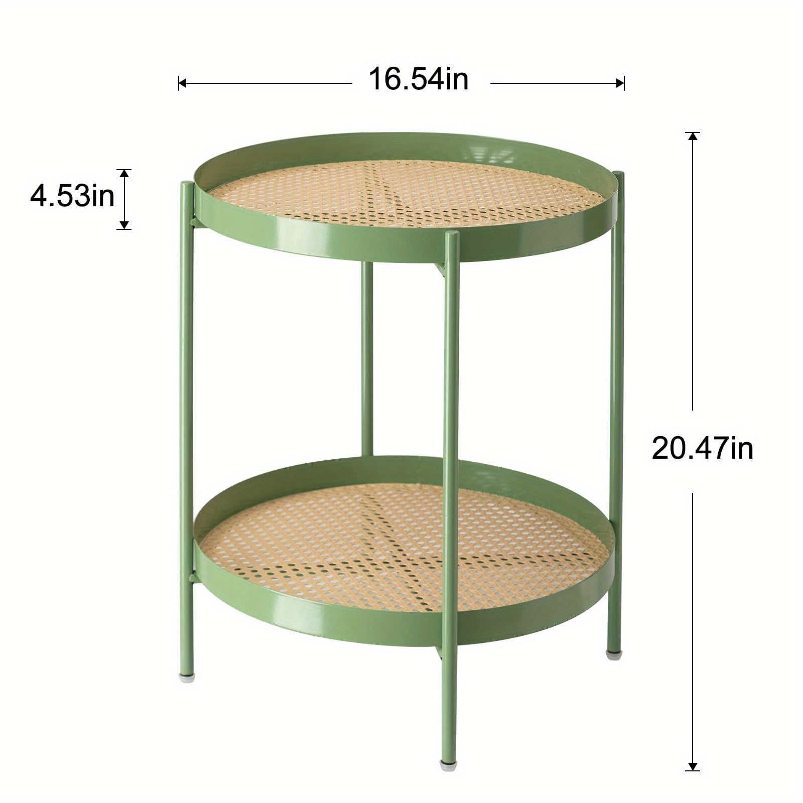 All Metal Side Table, 2 Tier Green End Table with Imitation Rattan Pattern on Removable Trays
