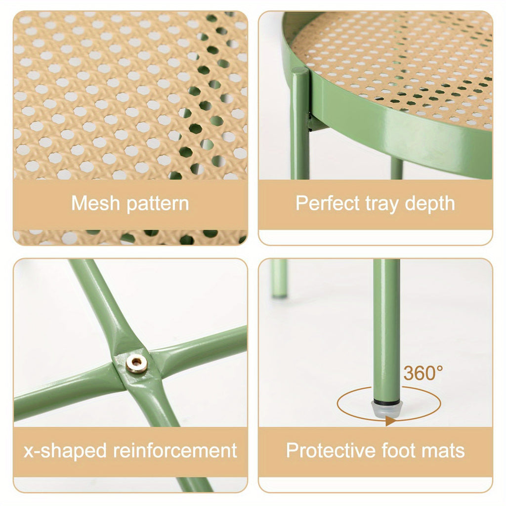 All Metal Side Table, 2 Tier Green End Table with Imitation Rattan Pattern on Removable Trays