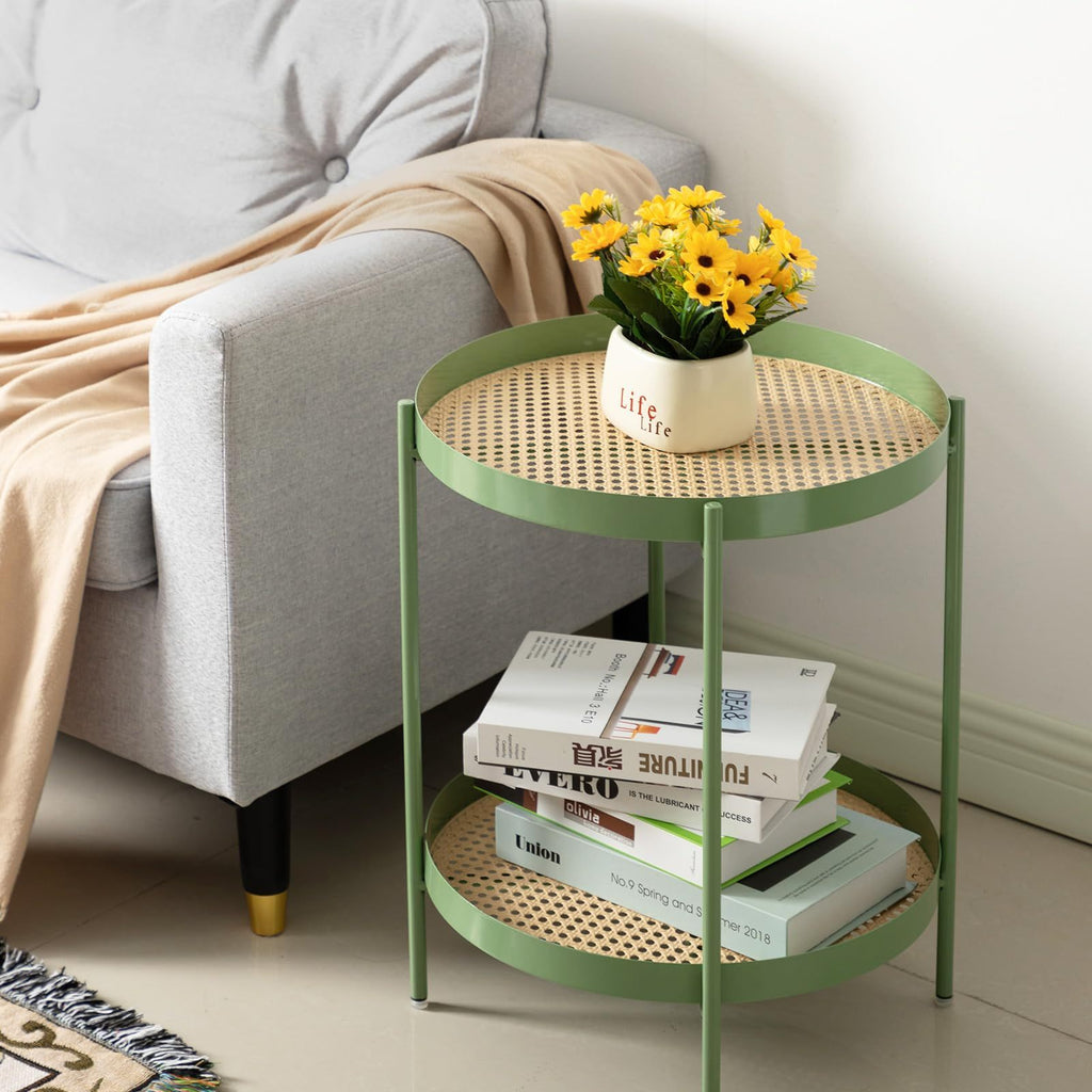 All Metal Side Table, 2 Tier Green End Table with Imitation Rattan Pattern on Removable Trays