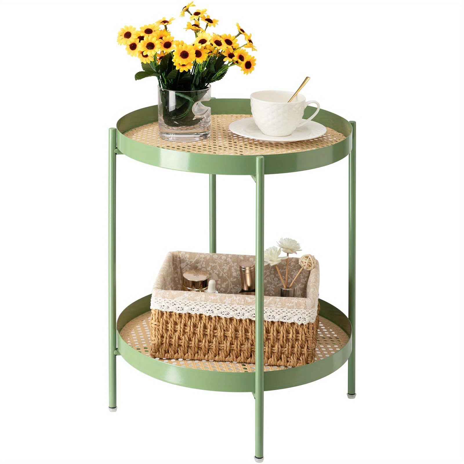 All Metal Side Table, 2 Tier Green End Table with Imitation Rattan Pattern on Removable Trays