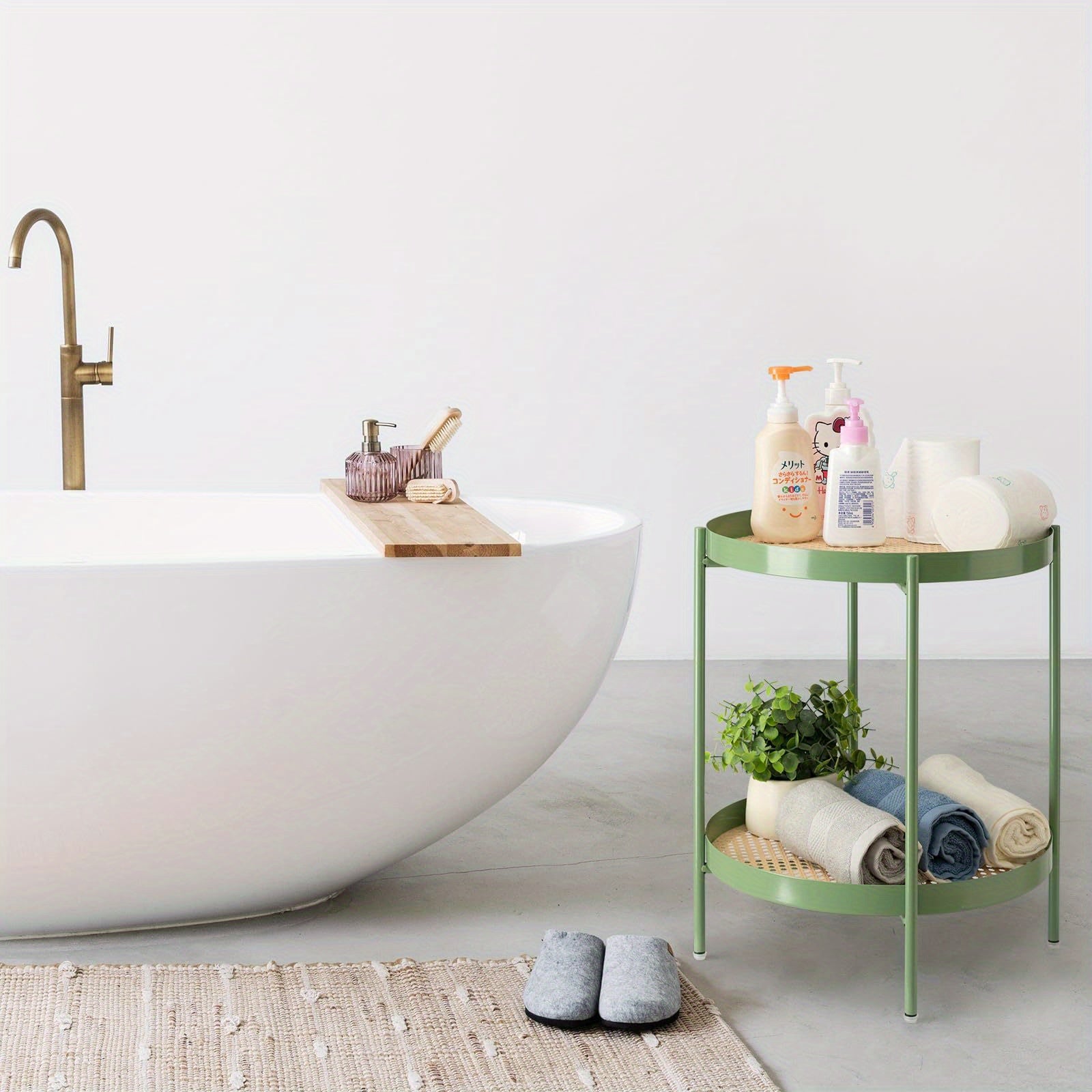 All Metal Side Table, 2 Tier Green End Table with Imitation Rattan Pattern on Removable Trays