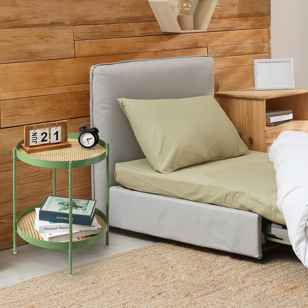 All Metal Side Table, 2 Tier Green End Table with Imitation Rattan Pattern on Removable Trays