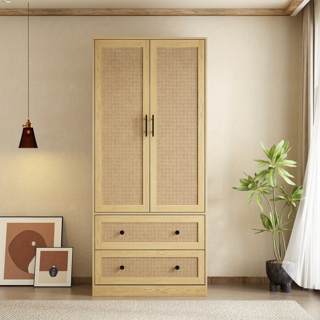 70.9'' Tall Wardrobe Armoire Closet With Rattan Doors, 2 Drawers And Storage Shelves, Wooden Clothes Storage Cabinet With Hanging Rod, For Bedroom, Large Storage Capacity, Stylish Design, Light Brown