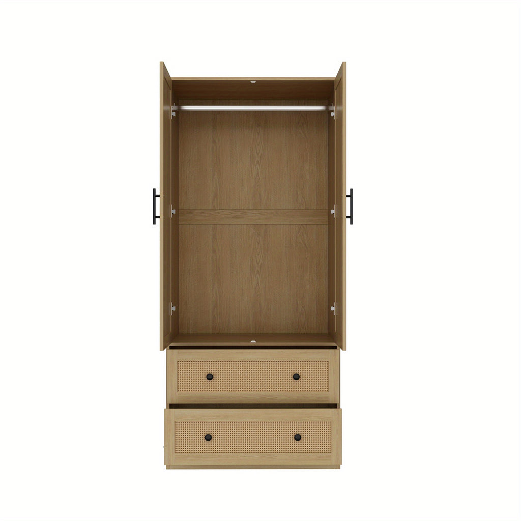 70.9'' Tall Wardrobe Armoire Closet With Rattan Doors, 2 Drawers And Storage Shelves, Wooden Clothes Storage Cabinet With Hanging Rod, For Bedroom, Large Storage Capacity, Stylish Design, Light Brown