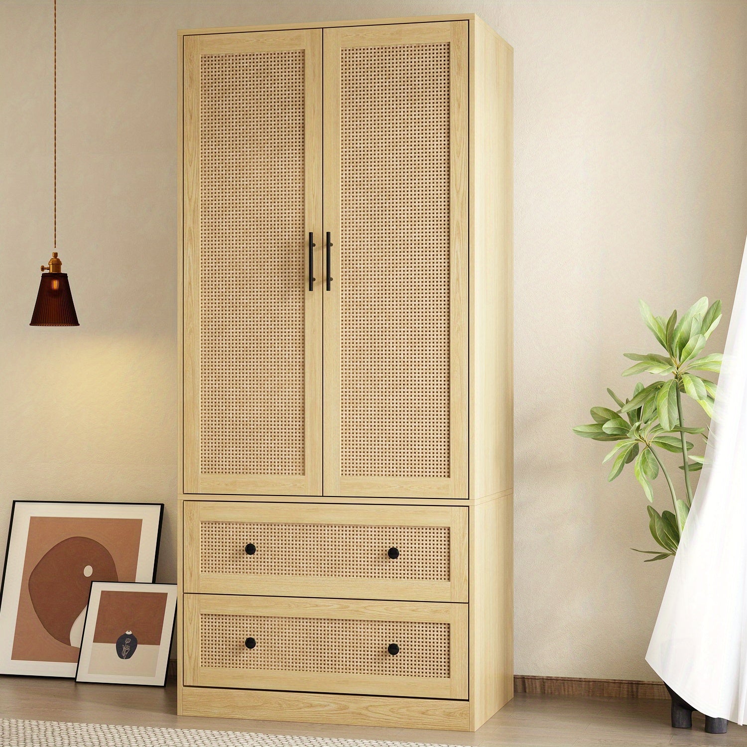 70.9'' Tall Wardrobe Armoire Closet With Rattan Doors, 2 Drawers And Storage Shelves, Wooden Clothes Storage Cabinet With Hanging Rod, For Bedroom, Large Storage Capacity, Stylish Design, Light Brown