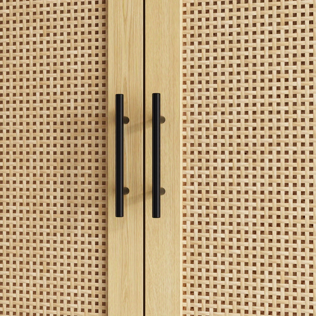 70.9'' Tall Wardrobe Armoire Closet With Rattan Doors, 2 Drawers And Storage Shelves, Wooden Clothes Storage Cabinet With Hanging Rod, For Bedroom, Large Storage Capacity, Stylish Design, Light Brown