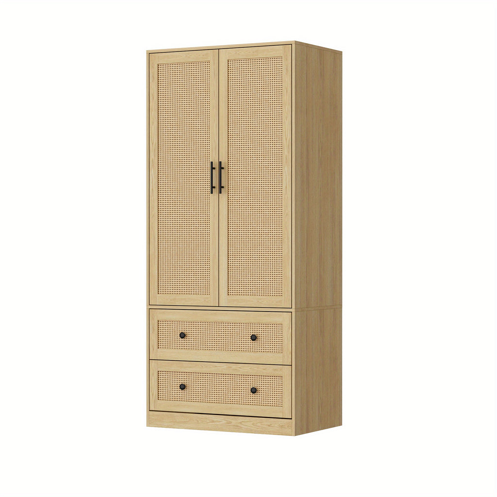 70.9'' Tall Wardrobe Armoire Closet With Rattan Doors, 2 Drawers And Storage Shelves, Wooden Clothes Storage Cabinet With Hanging Rod, For Bedroom, Large Storage Capacity, Stylish Design, Light Brown