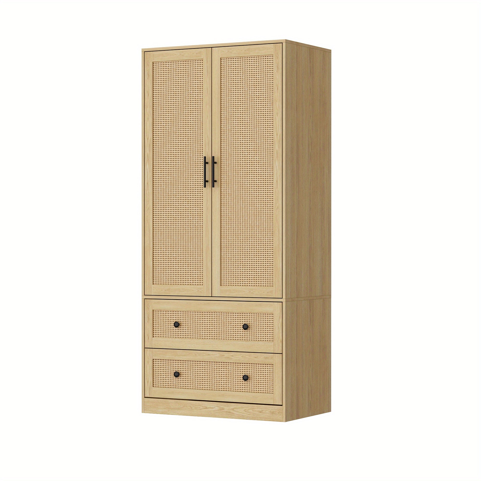 70.9'' Tall Wardrobe Armoire Closet With Rattan Doors, 2 Drawers And Storage Shelves, Wooden Clothes Storage Cabinet With Hanging Rod, For Bedroom, Large Storage Capacity, Stylish Design, Light Brown