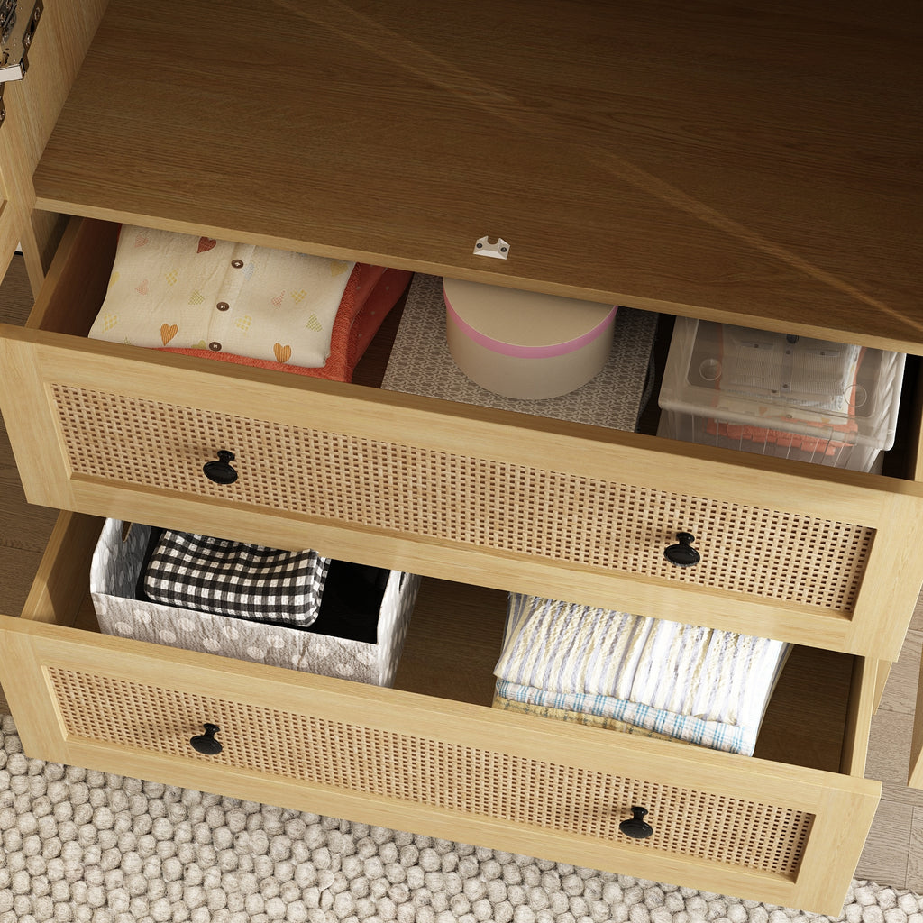 70.9'' Tall Wardrobe Armoire Closet With Rattan Doors, 2 Drawers And Storage Shelves, Wooden Clothes Storage Cabinet With Hanging Rod, For Bedroom, Large Storage Capacity, Stylish Design, Light Brown