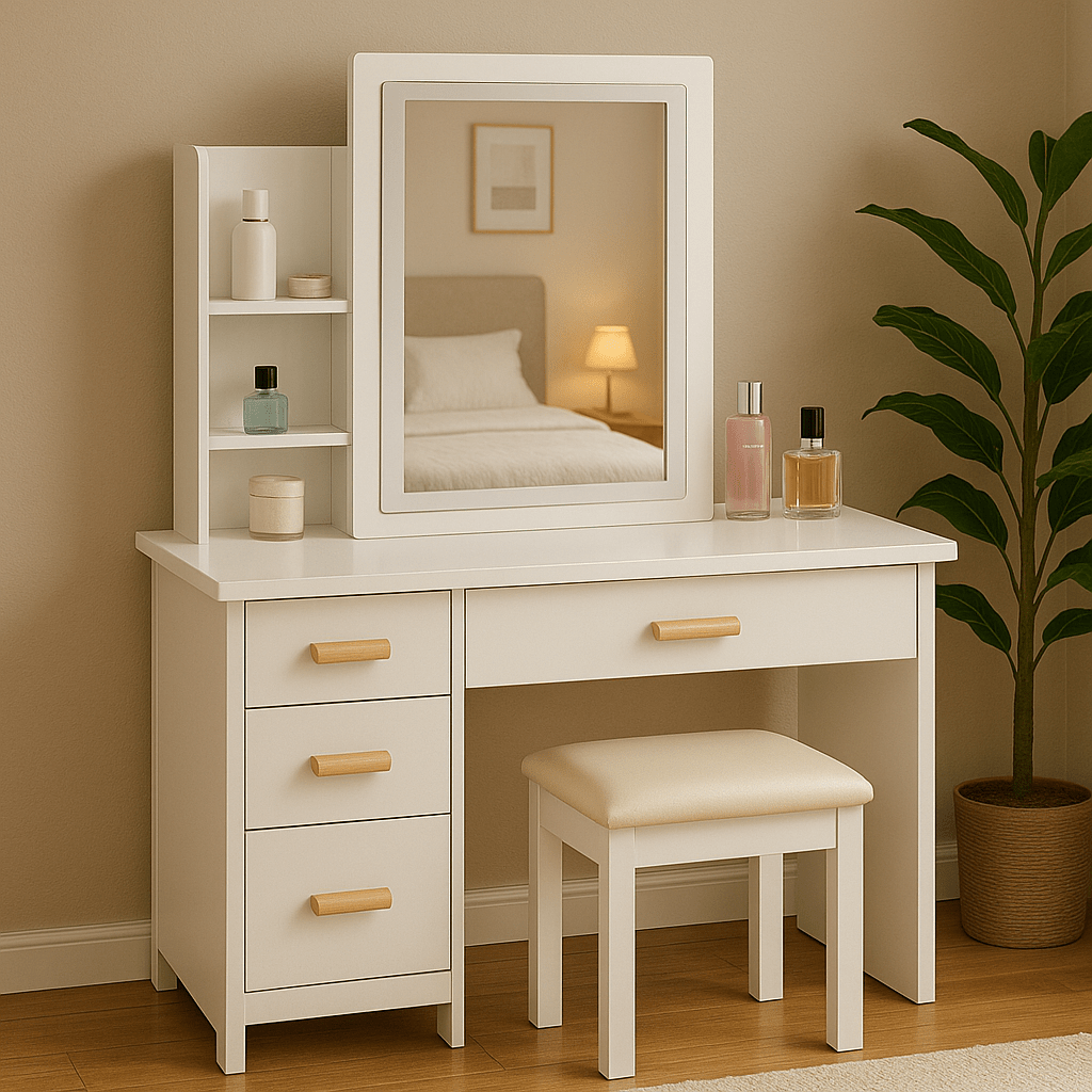 Modern White Makeup Dressing Table with Drawers & Organizer Storage Rack - Contemporary Bedroom Vanity Set, 27\