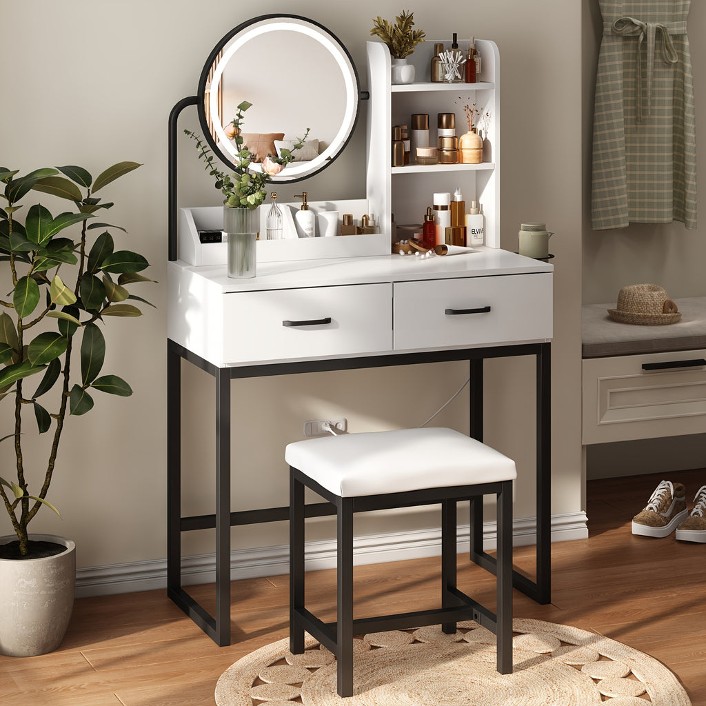 Vanity Desk with Mirror And Lights, Makeup Vanity Table Set with Storage Stool & Charging Station, Glass Tabletop And RGB Cabinets, Dressing Table with Jewellery Organizer Drawers for Bedroom