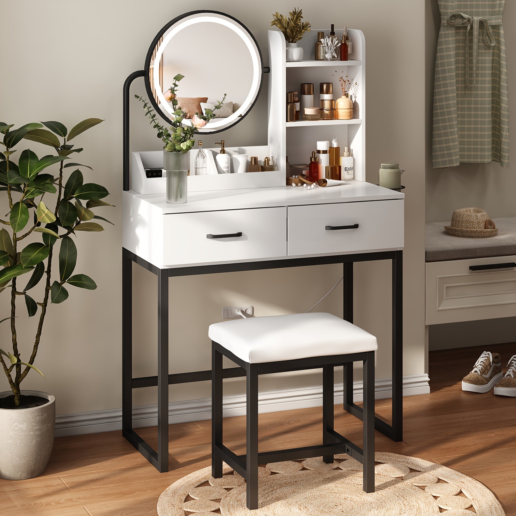 Vanity Desk with Mirror And Lights, Makeup Vanity Table Set with Storage Stool & Charging Station, Glass Tabletop And RGB Cabinets, Dressing Table with Jewellery Organizer Drawers for Bedroom