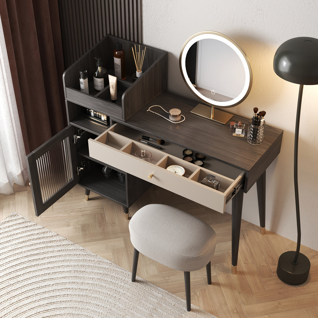1pc Modern Rustic Style Makeup Vanity Desk with Storage Drawers & Cabinet - Stretchable, Left or Right Installation, Walnut\u002FBlack Wood - Ideal for Bedroom & Makeup Room Decor