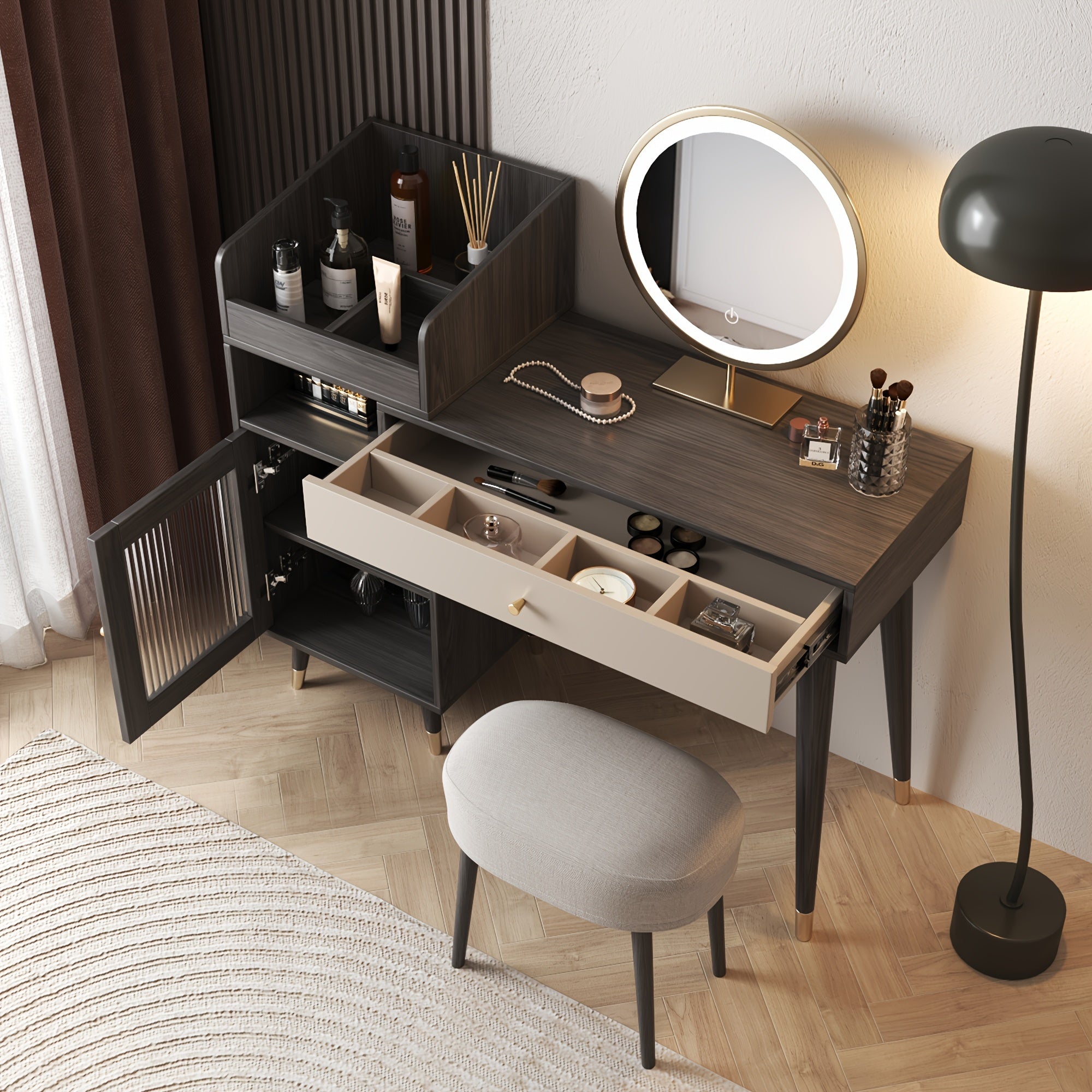 1pc Modern Rustic Style Makeup Vanity Desk with Storage Drawers & Cabinet - Stretchable, Left or Right Installation, Walnut\u002FBlack Wood - Ideal for Bedroom & Makeup Room Decor