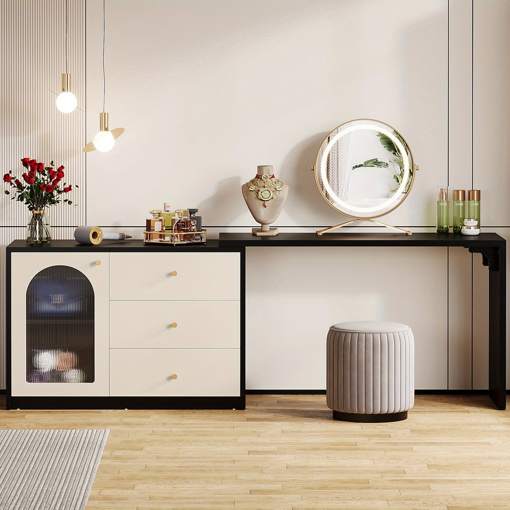 BYBLIGHT Modern Makeup Vanity with Retractable Large Desk, 3 Drawers & Cabinet, 27\