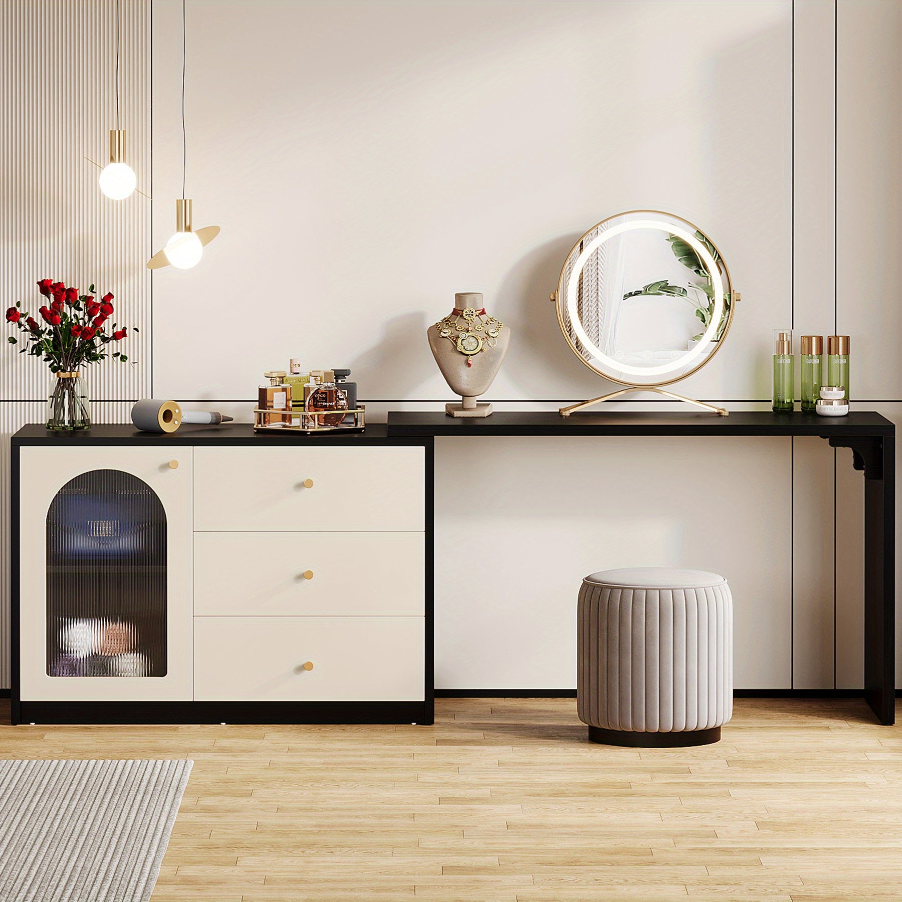 BYBLIGHT Modern Makeup Vanity with Retractable Large Desk, 3 Drawers & Cabinet, 27\