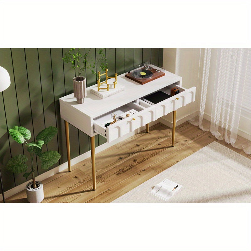 Modern Metal Leg Double Drawer Dressing Table - Vintage Style Wood & Metal Multifunctional Vanity with 2 Drawers, 27\