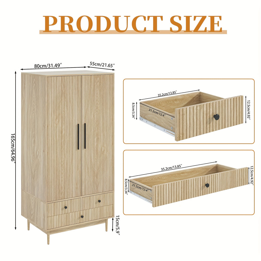 JEJEGORICH Armoire Wardrobe Closet, Freestanding Closet Organizer with Drawers with 2 Fluted Doors, Wardrobe Cabinet with Shelves And Hanging Rod