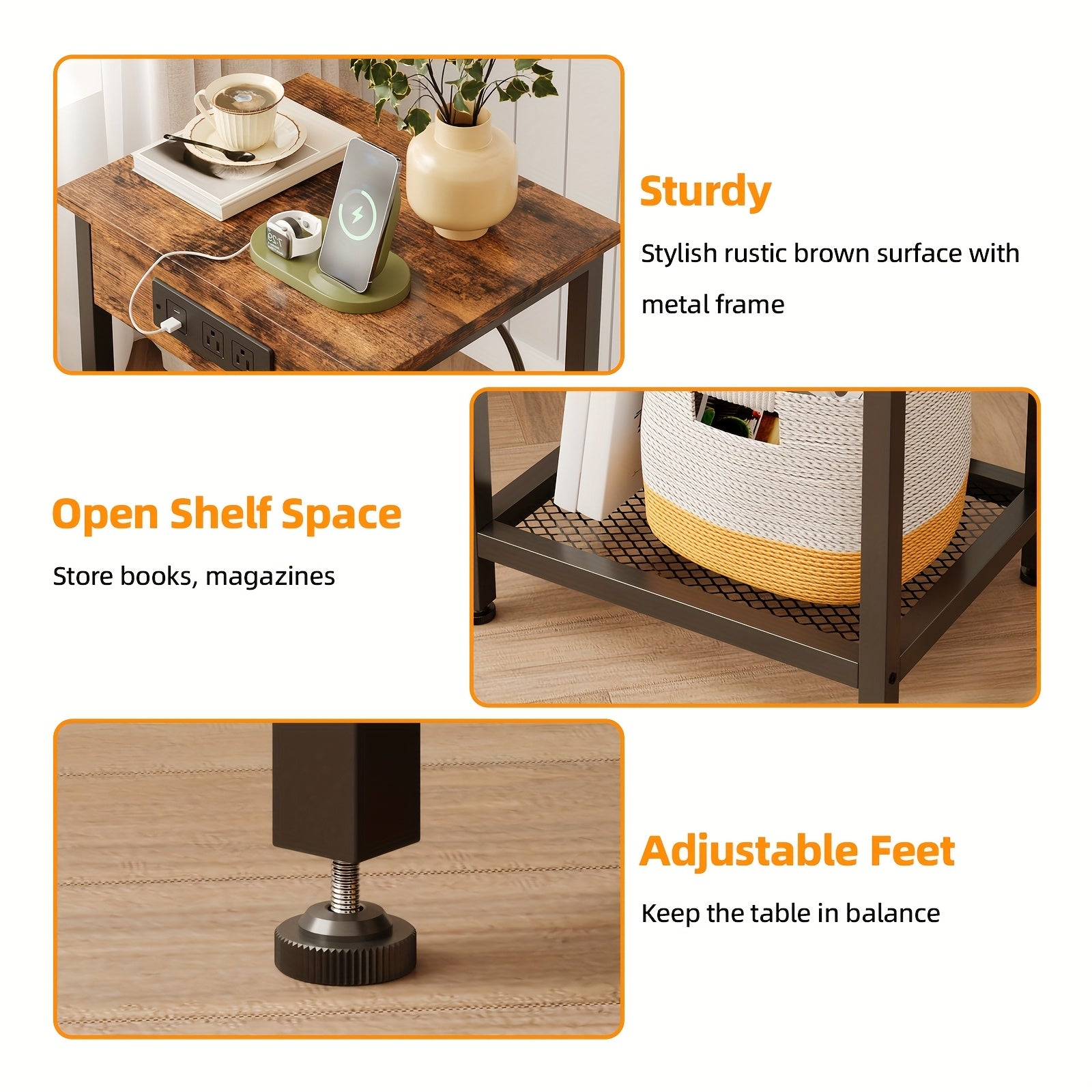 USB Side Table TOMNK 2-Tier 21.6in Side Table with USB Port and Power Outlet