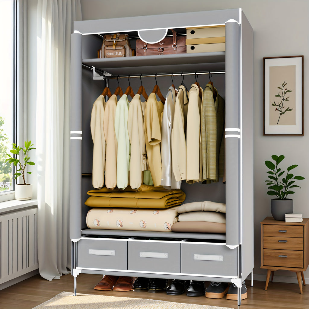 Portable Clothes Closet Rolling Door Wardrobe with Hanging Rack Non-Woven Fabric Storage Organizer with Three Drawer Boxes No-Tool Assembly-35. 4\