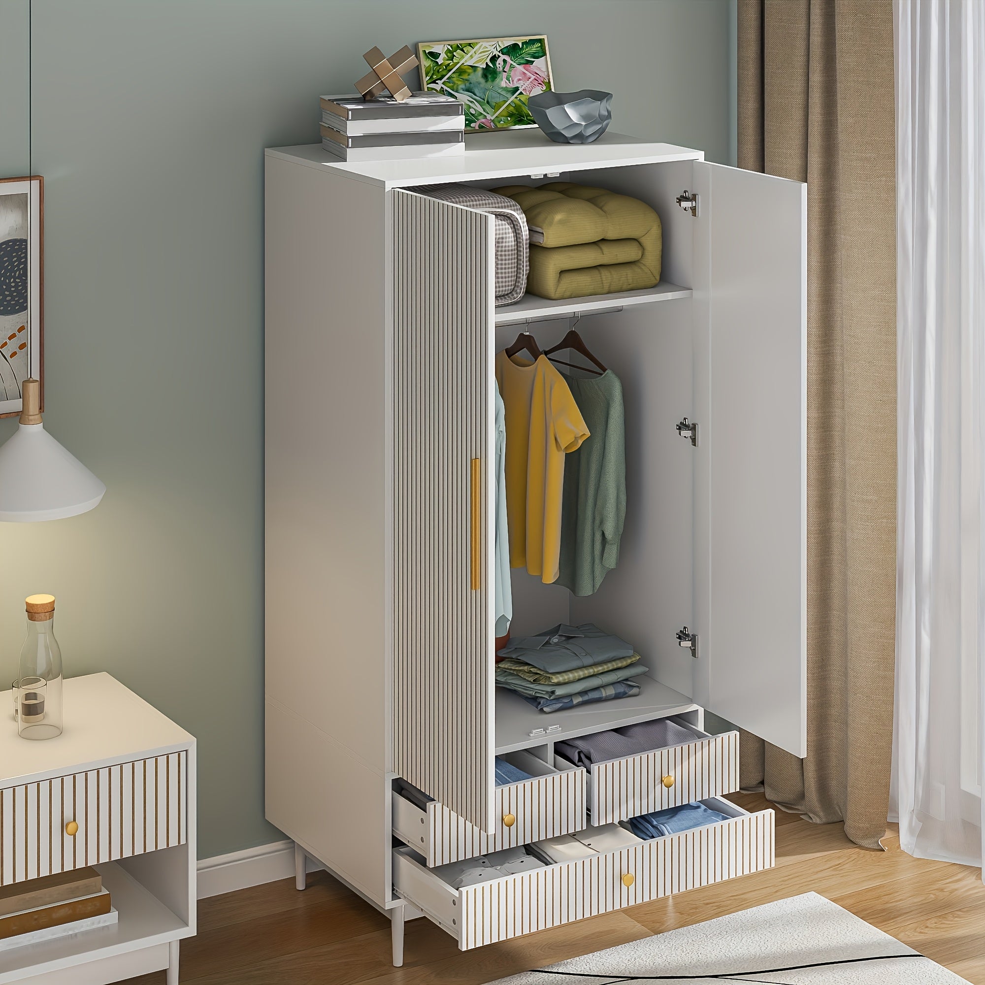 JEJEGORICH Armoire Wardrobe Closet, Freestanding Closet Organizer with Drawers with 2 Fluted Doors, Wardrobe Cabinet with Shelves And Hanging Rod