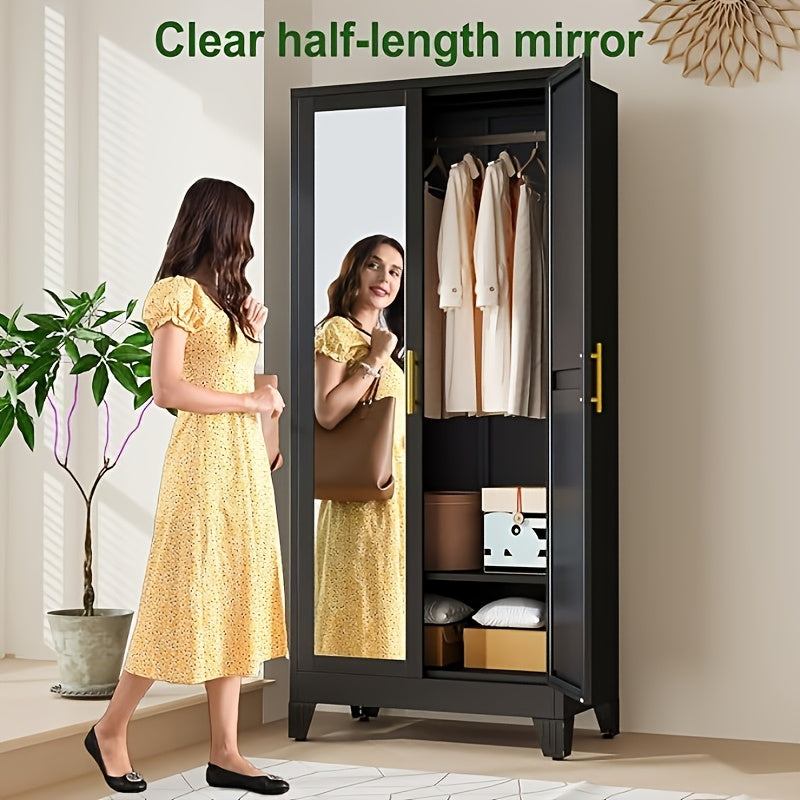 70.86in High Mirror Door Wardrobe With Adjustable Shelves And Hanging Clothes Storage Cabinets, Suitable For Bedrooms, Laundry Rooms, And Lobbies