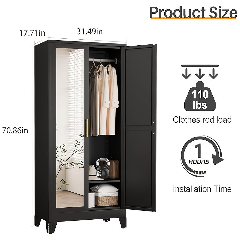 70.86in High Mirror Door Wardrobe With Adjustable Shelves And Hanging Clothes Storage Cabinets, Suitable For Bedrooms, Laundry Rooms, And Lobbies