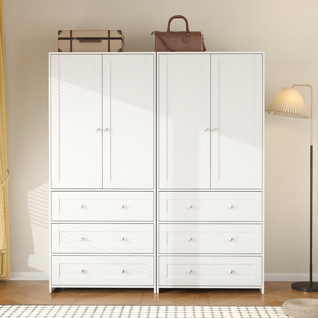 Modern Classic White Two-Door Wardrobe with Mirror, Drawers & Partitions - Hardwood MDF Freestanding Bedroom Armoire, Large Storage Cabinet with Clothes Rail, 3.2+ Cubic Feet, 27\