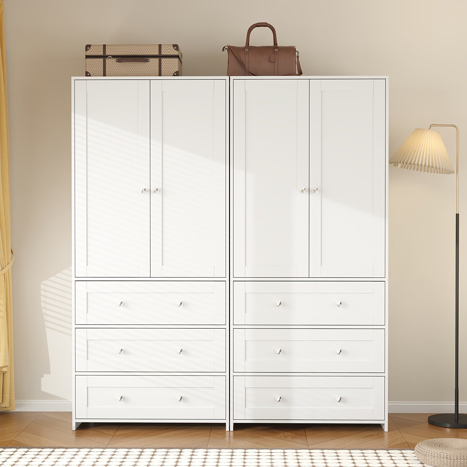 Modern Classic White Two-Door Wardrobe with Mirror, Drawers & Partitions - Hardwood MDF Freestanding Bedroom Armoire, Large Storage Cabinet with Clothes Rail, 3.2+ Cubic Feet, 27\