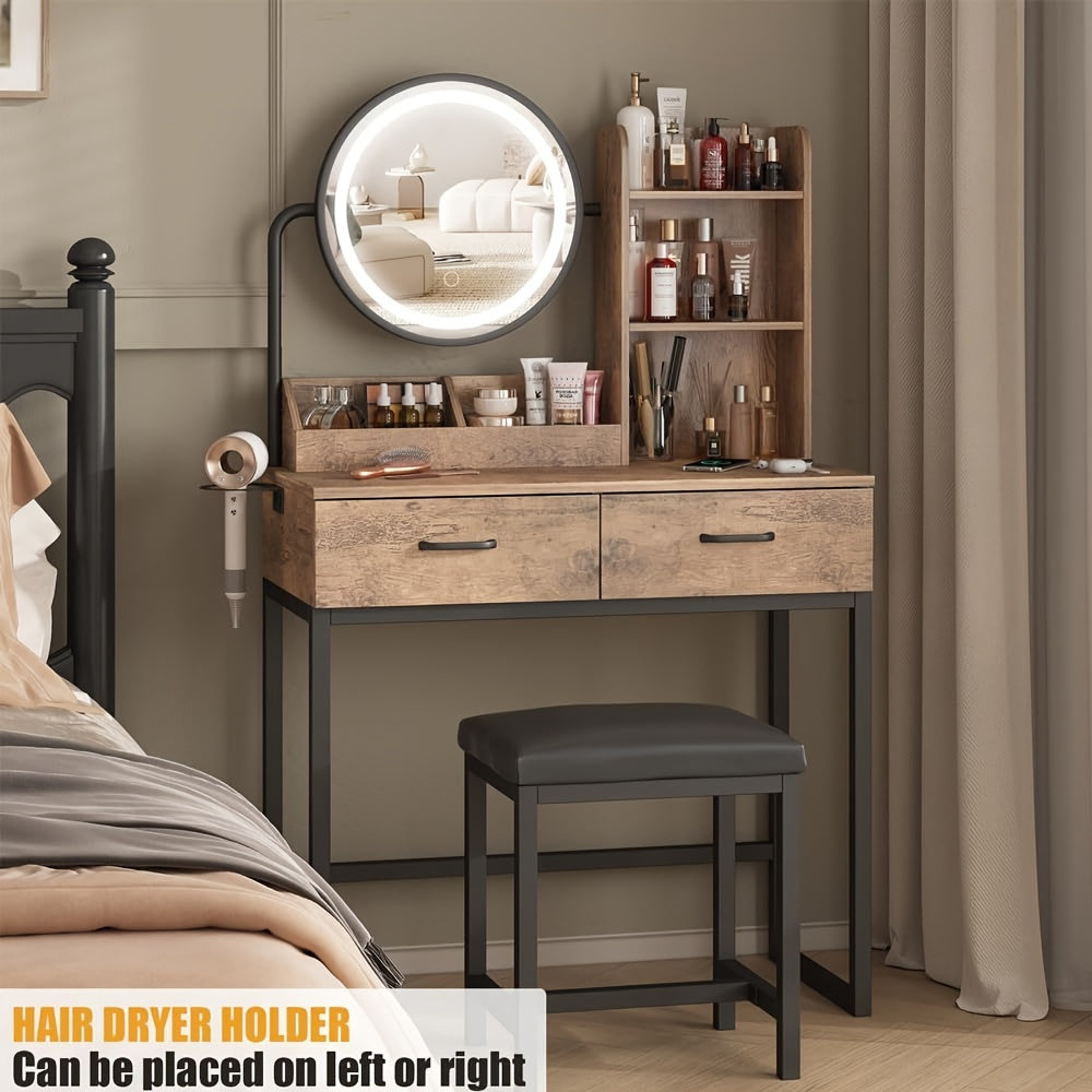 Vanity Desk Set With Mirror 2 Drawer Makeup Table & Velvet Stool | Vanity Desk Set With Oval Mirror, Small Space Bedroom Furniture