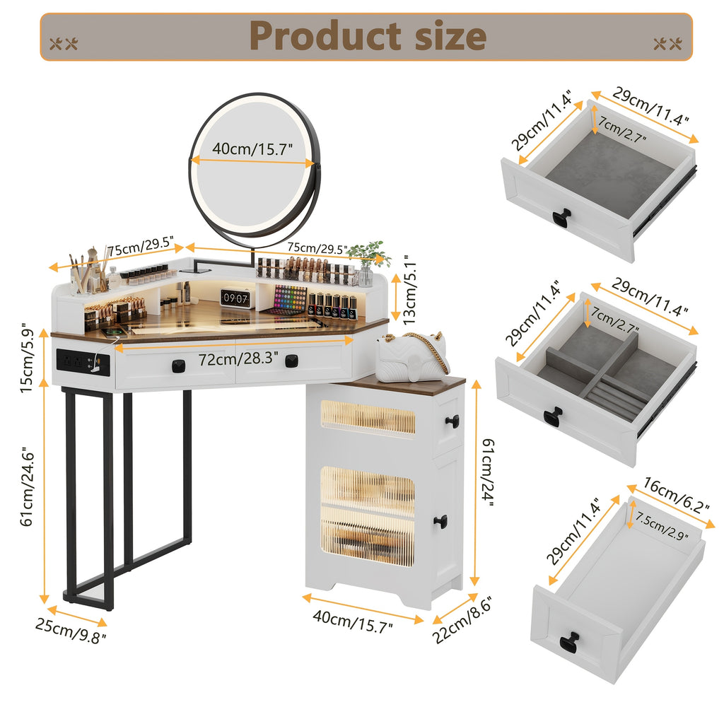 Dystler Corner Vanity with Mirror and Lights, Modern Makeup Vanity Set with Charging Station for Bedroom\u002FCloakroom, Glass Top Vanity Table with Drawers and Shelves, White