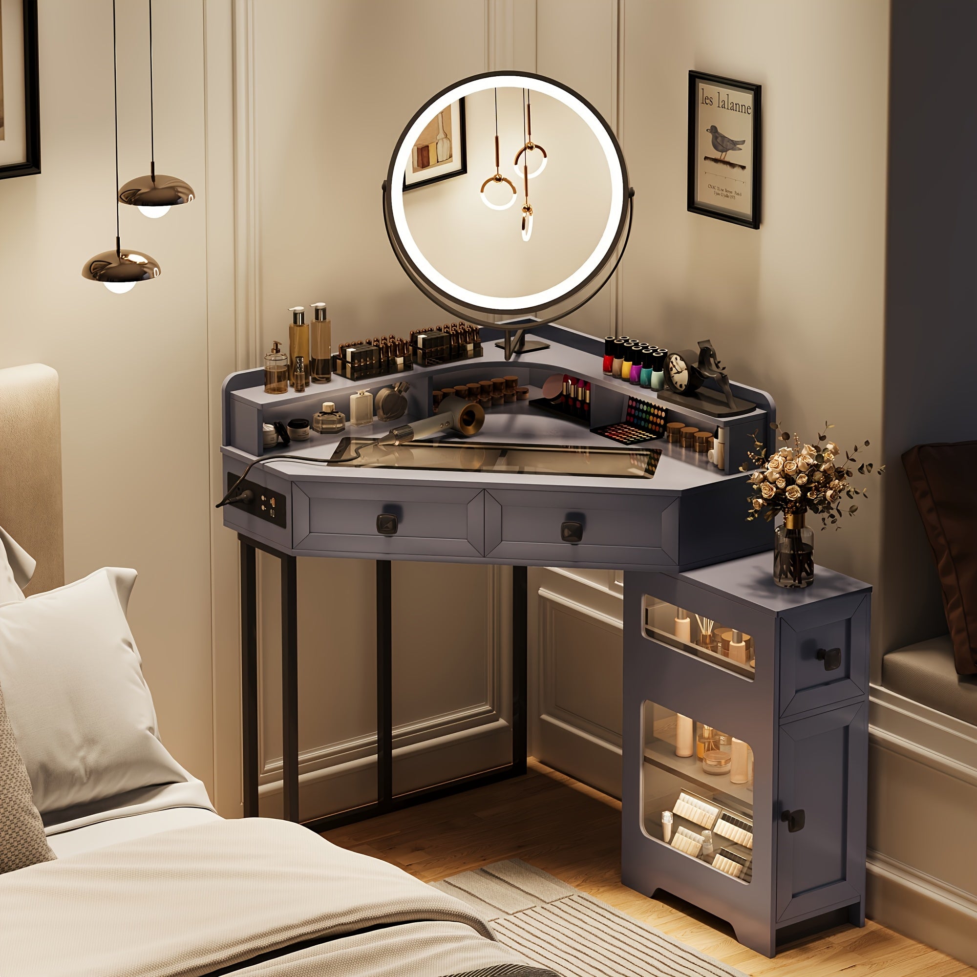 Dystler Corner Vanity with Mirror and Lights, Modern Makeup Vanity Set with Charging Station for Bedroom\u002FCloakroom, Glass Top Vanity Table with Drawers and Shelves, White