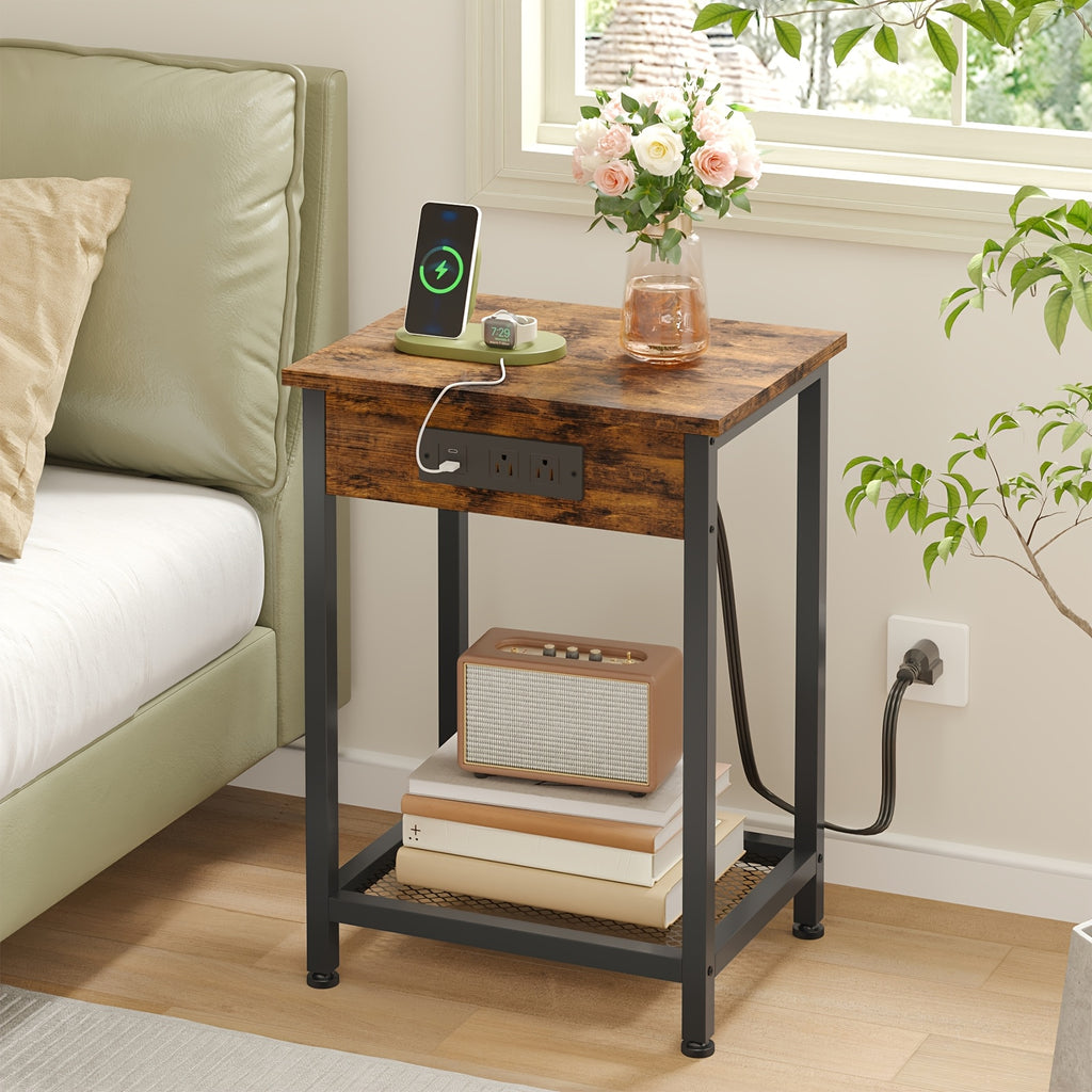 USB Side Table TOMNK 2-Tier 21.6in Side Table with USB Port and Power Outlet