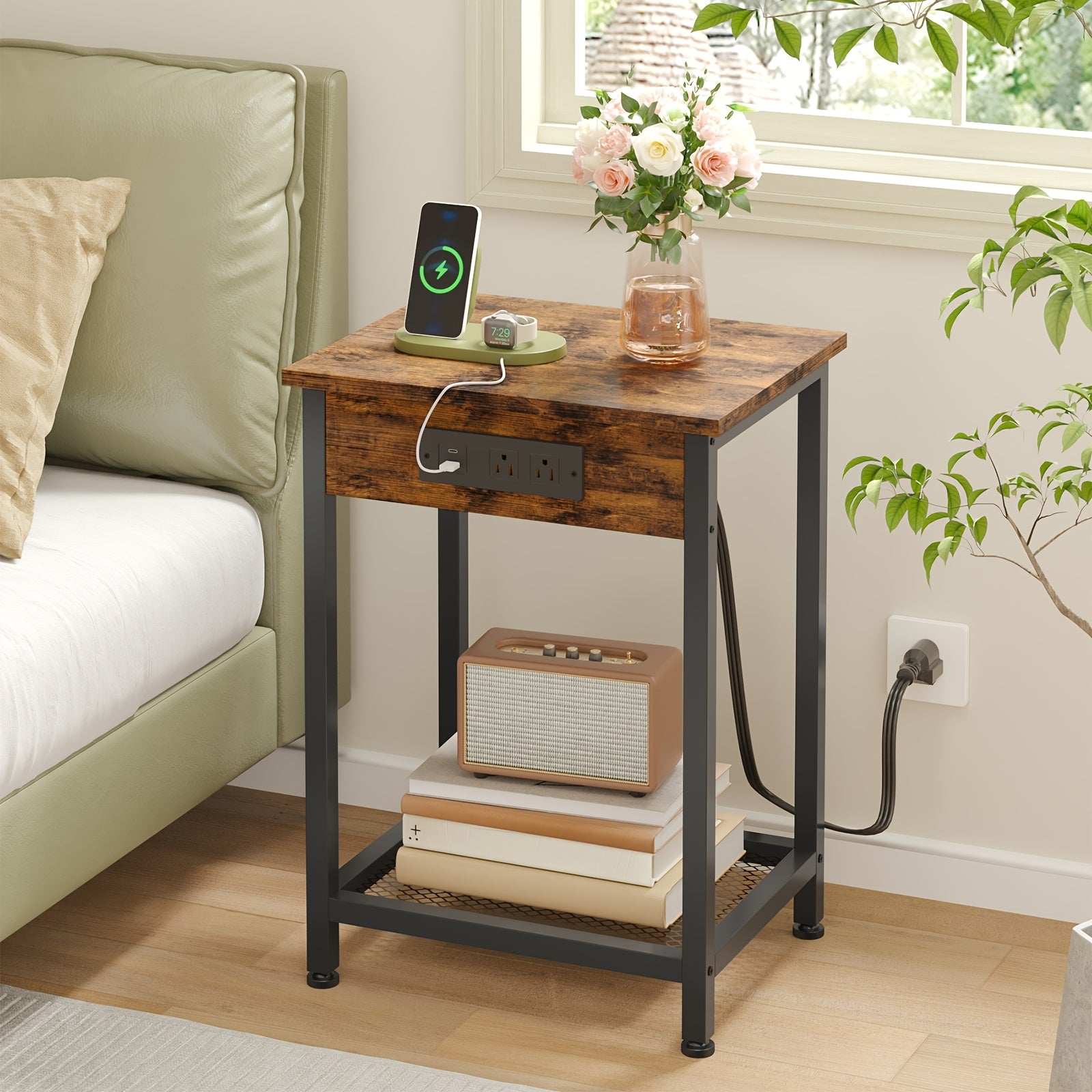 USB Side Table TOMNK 2-Tier 21.6in Side Table with USB Port and Power Outlet