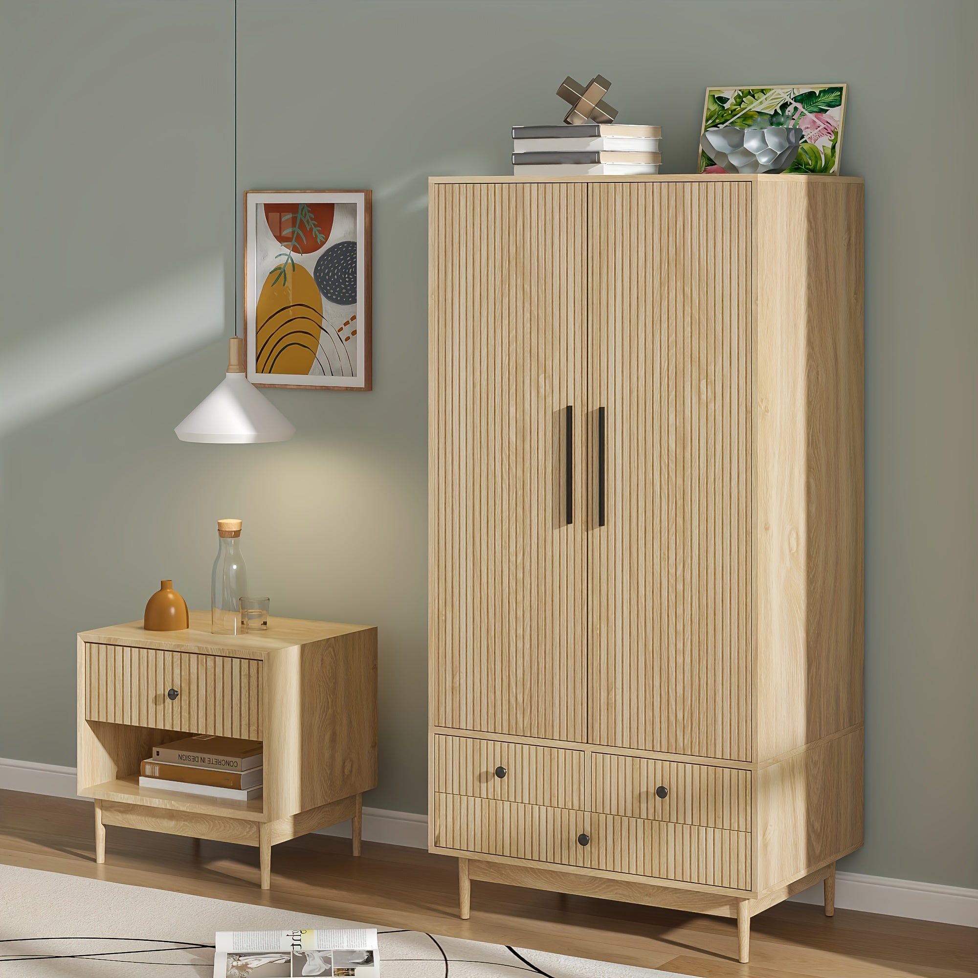 JEJEGORICH Armoire Wardrobe Closet, Freestanding Closet Organizer with Drawers with 2 Fluted Doors, Wardrobe Cabinet with Shelves And Hanging Rod